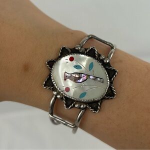 Vintage Silver Zuni Inlaid Mother of Pearl Bird Bracelet